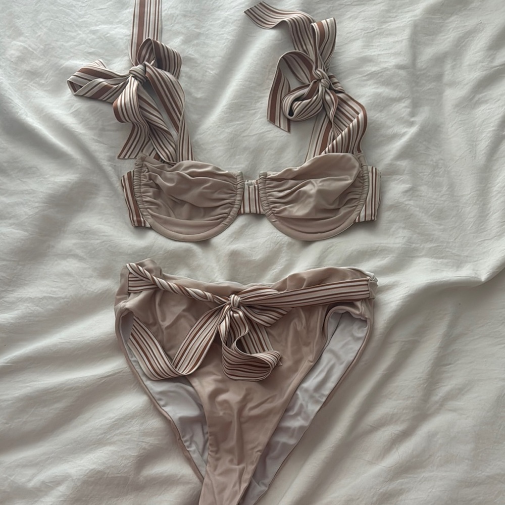 Tan and White Bikini Set with Bow Details